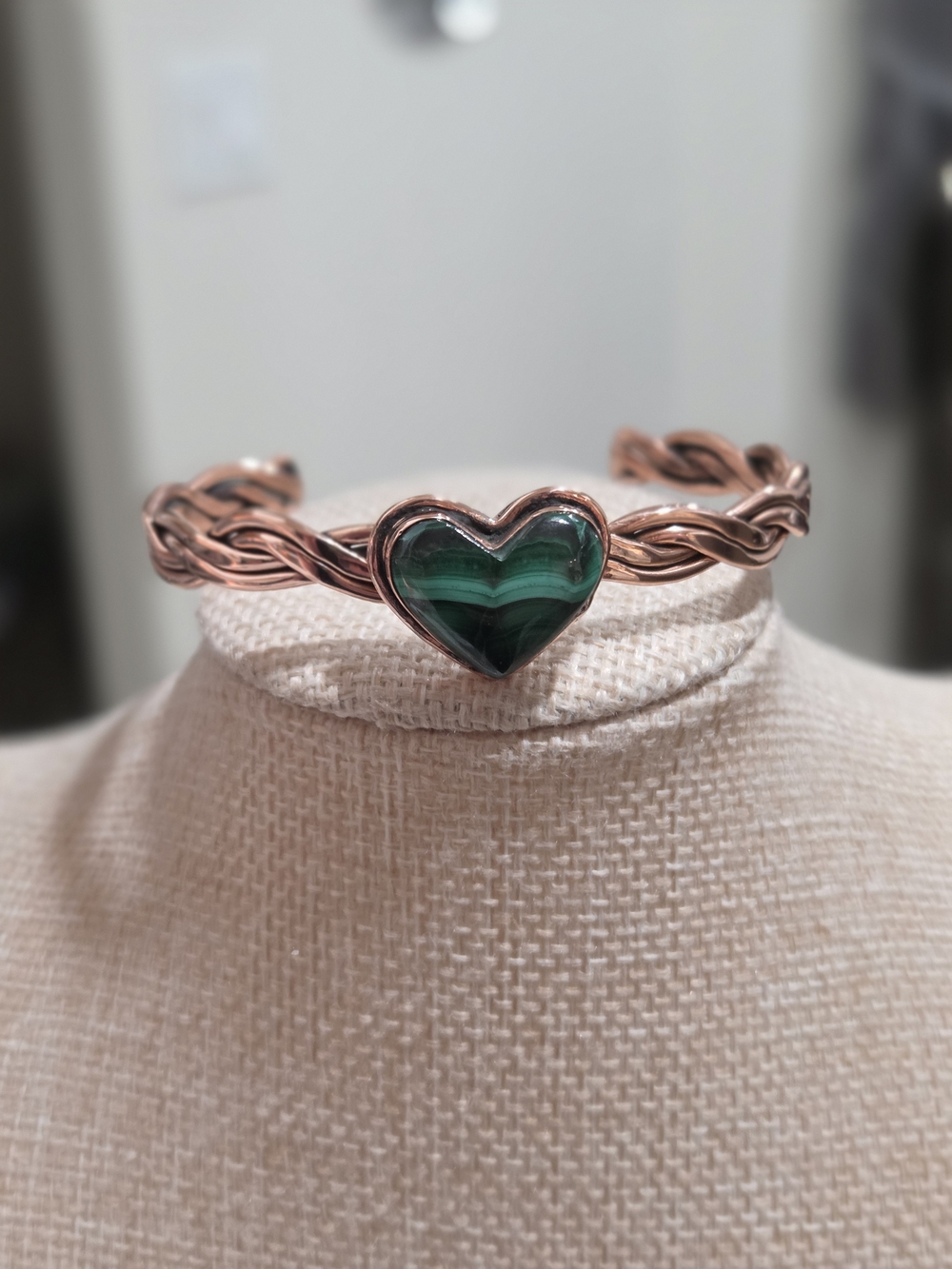 Solid Copper Stone Genuine Malachite Heart Bracelet - - Picture 5 of 5
